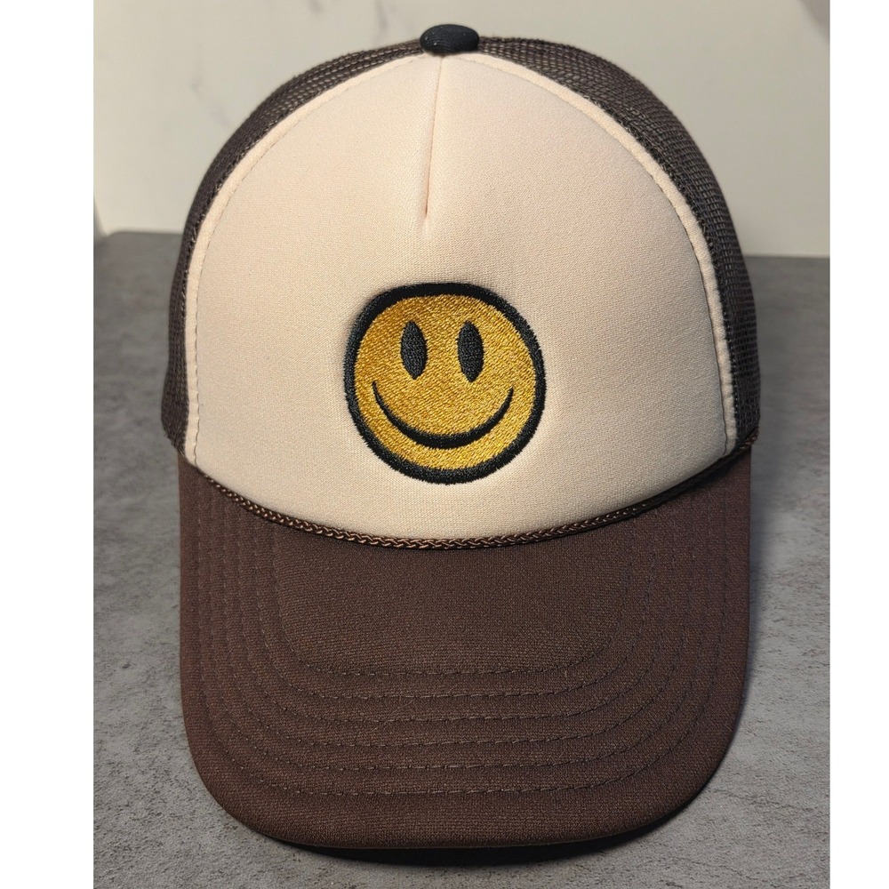 Otto Brown Cream Smiley Face Trucker Hat Snapback Mesh Cap Meshback
